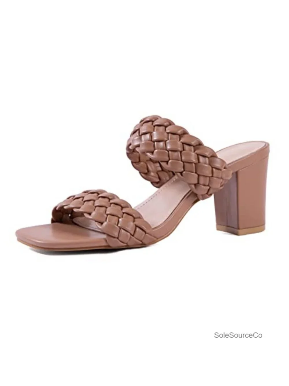 Braided Heeled Sandals Chunky Block Heel Square Toe Slide Faux Leather Women